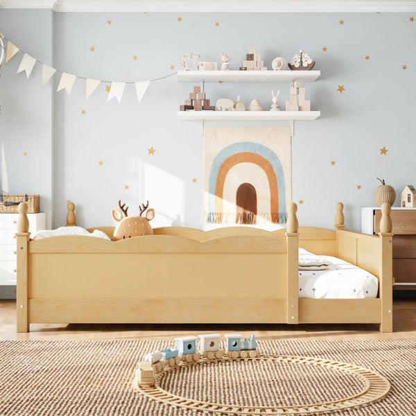 English Elm Full Montessori Floor Bed Pine Wood Build with Guardrails and Integrated Side Bookshelf Natural W5305P494568