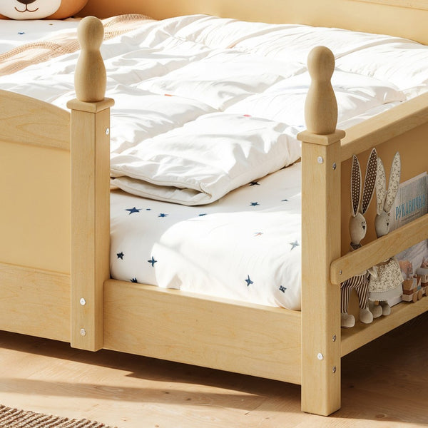 English Elm Full Montessori Floor Bed Pine Wood Build with Guardrails and Integrated Side Bookshelf Natural W5305P494568