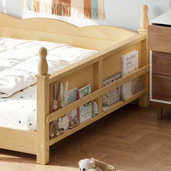 English Elm Full Montessori Floor Bed Pine Wood Build with Guardrails and Integrated Side Bookshelf Natural W5305P494568