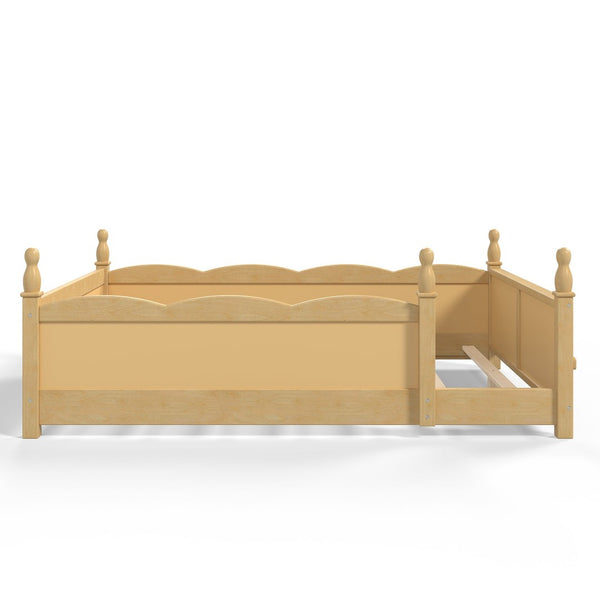 English Elm Full Montessori Floor Bed Pine Wood Build with Guardrails and Integrated Side Bookshelf Natural W5305P494568