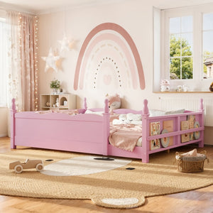 English Elm Queen Montessori Floor Bed with Guardrails Bookshelf and Pine Wood Kids Frame Pink W5305P494569