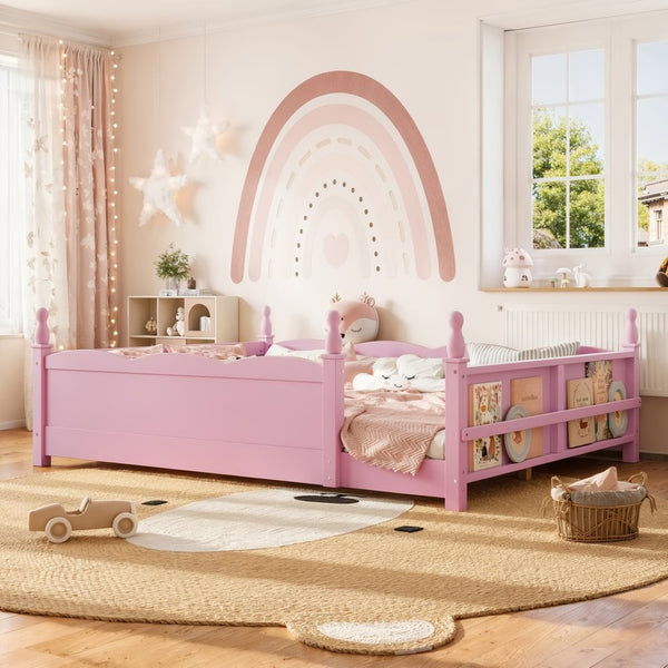 English Elm Queen Montessori Floor Bed with Guardrails Bookshelf and Pine Wood Kids Frame Pink W5305P494569