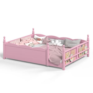 English Elm Queen Montessori Floor Bed with Guardrails Bookshelf and Pine Wood Kids Frame Pink W5305P494569