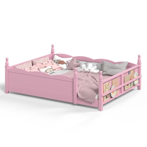 English Elm Queen Montessori Floor Bed with Guardrails Bookshelf and Pine Wood Kids Frame Pink W5305P494569