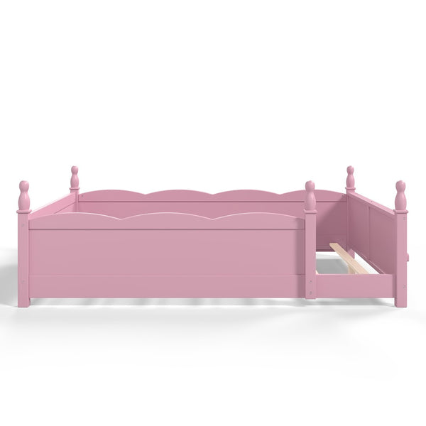 English Elm Queen Montessori Floor Bed with Guardrails Bookshelf and Pine Wood Kids Frame Pink W5305P494569