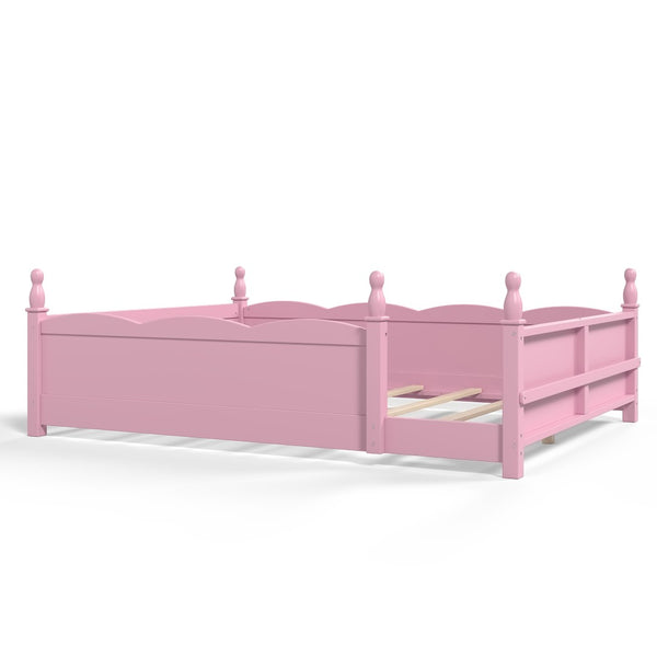 English Elm Queen Montessori Floor Bed with Guardrails Bookshelf and Pine Wood Kids Frame Pink W5305P494569