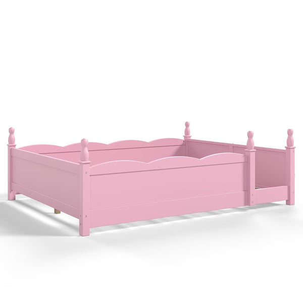 English Elm Queen Montessori Floor Bed with Guardrails Bookshelf and Pine Wood Kids Frame Pink W5305P494569