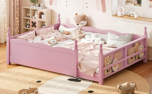 English Elm Queen Montessori Floor Bed with Guardrails Bookshelf and Pine Wood Kids Frame Pink W5305P494569