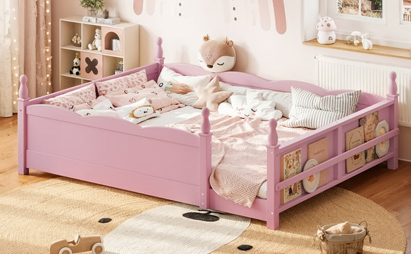 English Elm Queen Montessori Floor Bed with Guardrails Bookshelf and Pine Wood Kids Frame Pink W5305P494569