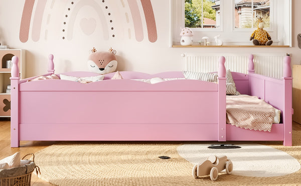 English Elm Queen Montessori Floor Bed with Guardrails Bookshelf and Pine Wood Kids Frame Pink W5305P494569