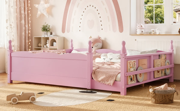 English Elm Queen Montessori Floor Bed with Guardrails Bookshelf and Pine Wood Kids Frame Pink W5305P494569