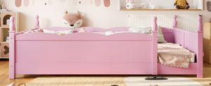 English Elm Queen Montessori Floor Bed with Guardrails Bookshelf and Pine Wood Kids Frame Pink W5305P494569