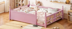 English Elm Queen Montessori Floor Bed with Guardrails Bookshelf and Pine Wood Kids Frame Pink W5305P494569