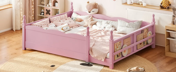 English Elm Queen Montessori Floor Bed with Guardrails Bookshelf and Pine Wood Kids Frame Pink W5305P494569