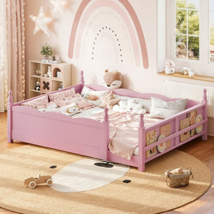 English Elm Queen Montessori Floor Bed with Guardrails Bookshelf and Pine Wood Kids Frame Pink W5305P494569