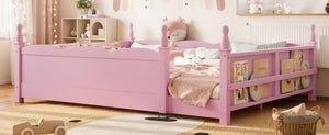 English Elm Queen Montessori Floor Bed with Guardrails Bookshelf and Pine Wood Kids Frame Pink W5305P494569