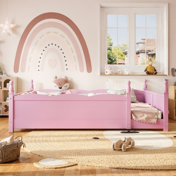 English Elm Queen Montessori Floor Bed with Guardrails Bookshelf and Pine Wood Kids Frame Pink W5305P494569