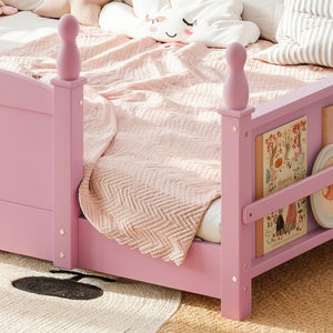 English Elm Queen Montessori Floor Bed with Guardrails Bookshelf and Pine Wood Kids Frame Pink W5305P494569