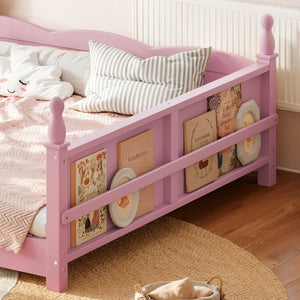 English Elm Queen Montessori Floor Bed with Guardrails Bookshelf and Pine Wood Kids Frame Pink W5305P494569