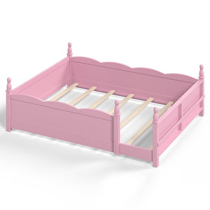 English Elm Queen Montessori Floor Bed with Guardrails Bookshelf and Pine Wood Kids Frame Pink W5305P494569