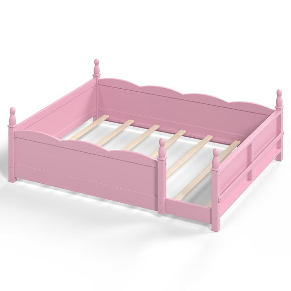 English Elm Queen Montessori Floor Bed with Guardrails Bookshelf and Pine Wood Kids Frame Pink W5305P494569