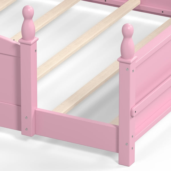 English Elm Queen Montessori Floor Bed with Guardrails Bookshelf and Pine Wood Kids Frame Pink W5305P494569