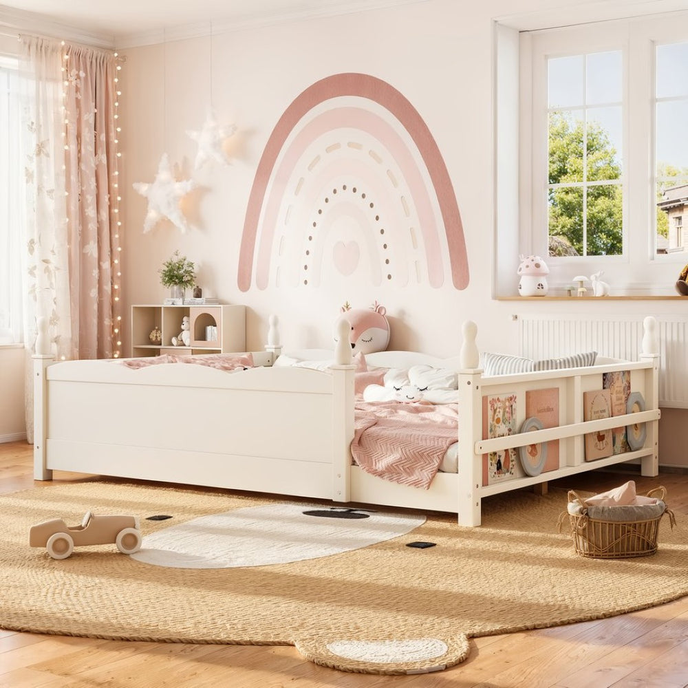 English Elm Queen Montessori Floor Bed with Guardrails Bookshelf and Pine Wood Kids Frame Beige W5305P494572