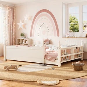 English Elm Queen Montessori Floor Bed with Guardrails Bookshelf and Pine Wood Kids Frame Beige W5305P494572