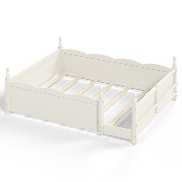 English Elm Queen Montessori Floor Bed with Guardrails Bookshelf and Pine Wood Kids Frame Beige W5305P494572