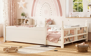 English Elm Queen Montessori Floor Bed with Guardrails Bookshelf and Pine Wood Kids Frame Beige W5305P494572