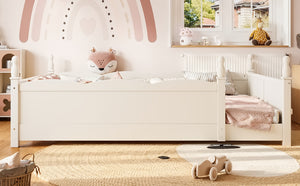 English Elm Queen Montessori Floor Bed with Guardrails Bookshelf and Pine Wood Kids Frame Beige W5305P494572