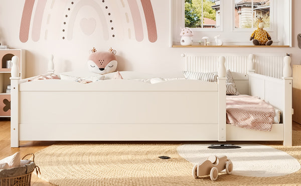 English Elm Queen Montessori Floor Bed with Guardrails Bookshelf and Pine Wood Kids Frame Beige W5305P494572