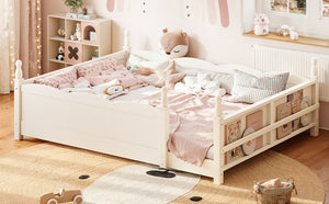 English Elm Queen Montessori Floor Bed with Guardrails Bookshelf and Pine Wood Kids Frame Beige W5305P494572