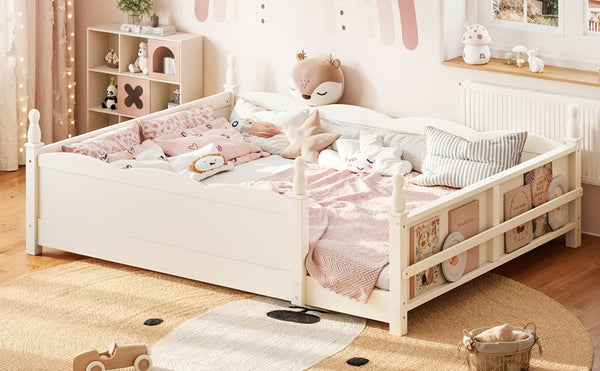 English Elm Queen Montessori Floor Bed with Guardrails Bookshelf and Pine Wood Kids Frame Beige W5305P494572