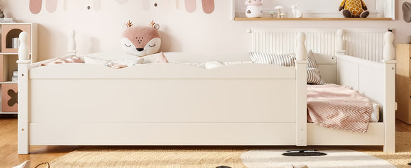 English Elm Queen Montessori Floor Bed with Guardrails Bookshelf and Pine Wood Kids Frame Beige W5305P494572