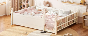 English Elm Queen Montessori Floor Bed with Guardrails Bookshelf and Pine Wood Kids Frame Beige W5305P494572