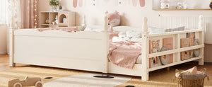 English Elm Queen Montessori Floor Bed with Guardrails Bookshelf and Pine Wood Kids Frame Beige W5305P494572