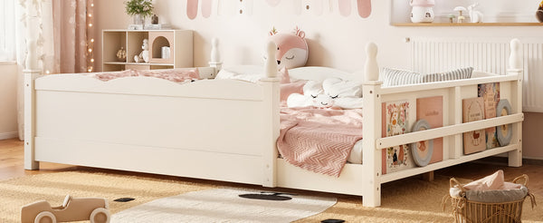 English Elm Queen Montessori Floor Bed with Guardrails Bookshelf and Pine Wood Kids Frame Beige W5305P494572