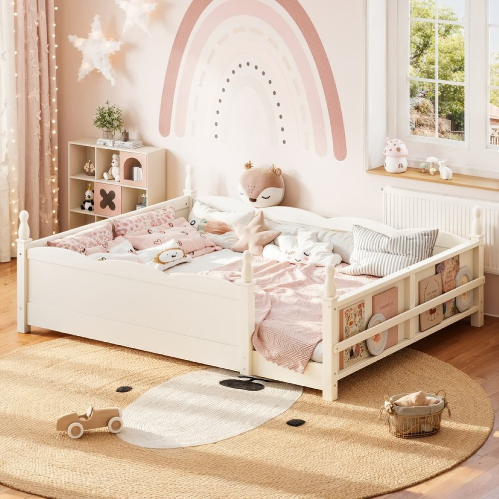 English Elm Queen Montessori Floor Bed with Guardrails Bookshelf and Pine Wood Kids Frame Beige W5305P494572