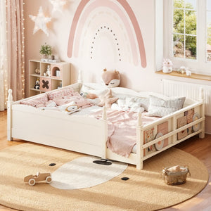 English Elm Queen Montessori Floor Bed with Guardrails Bookshelf and Pine Wood Kids Frame Beige W5305P494572