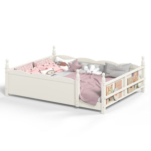 English Elm Queen Montessori Floor Bed with Guardrails Bookshelf and Pine Wood Kids Frame Beige W5305P494572