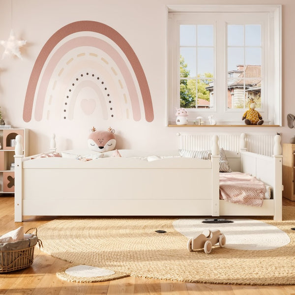 English Elm Queen Montessori Floor Bed with Guardrails Bookshelf and Pine Wood Kids Frame Beige W5305P494572