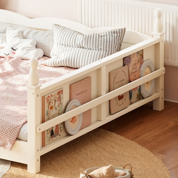 English Elm Queen Montessori Floor Bed with Guardrails Bookshelf and Pine Wood Kids Frame Beige W5305P494572