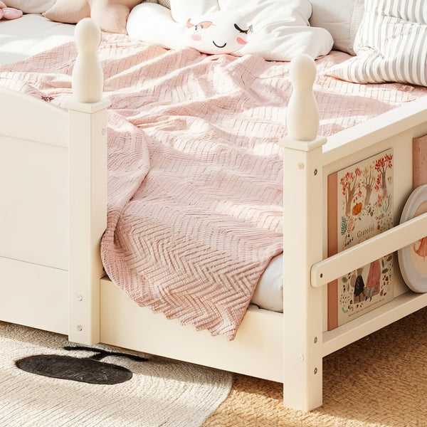 English Elm Queen Montessori Floor Bed with Guardrails Bookshelf and Pine Wood Kids Frame Beige W5305P494572