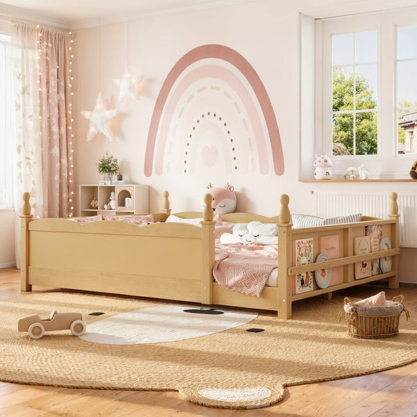 English Elm Queen Montessori Floor Bed with Guardrails Bookshelf and Pine Wood Kids Frame Natural W5305P494574