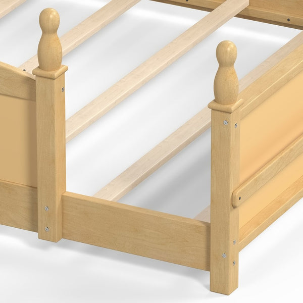 English Elm Queen Montessori Floor Bed with Guardrails Bookshelf and Pine Wood Kids Frame Natural W5305P494574