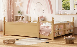 English Elm Queen Montessori Floor Bed with Guardrails Bookshelf and Pine Wood Kids Frame Natural W5305P494574