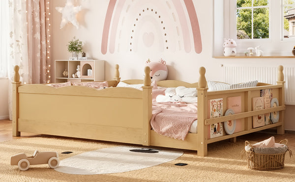 English Elm Queen Montessori Floor Bed with Guardrails Bookshelf and Pine Wood Kids Frame Natural W5305P494574