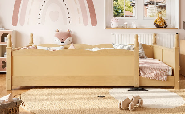English Elm Queen Montessori Floor Bed with Guardrails Bookshelf and Pine Wood Kids Frame Natural W5305P494574
