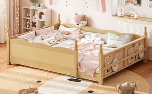 English Elm Queen Montessori Floor Bed with Guardrails Bookshelf and Pine Wood Kids Frame Natural W5305P494574
